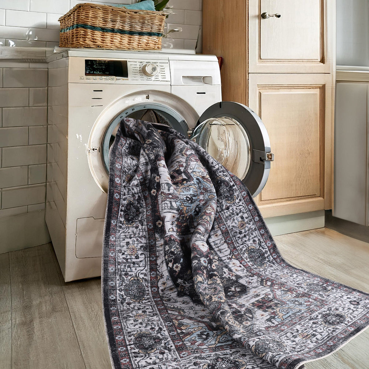 Machine washable Persian medallion rug by Netline Home featuring vintage black, white, and blue accents for living room and bedroom.