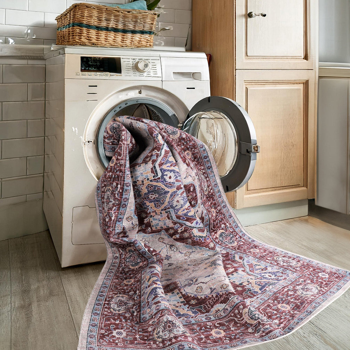 Machine washable Persian medallion rug by Netline Home featuring traditional oriental vintage design for living room, bedroom, or dining room.