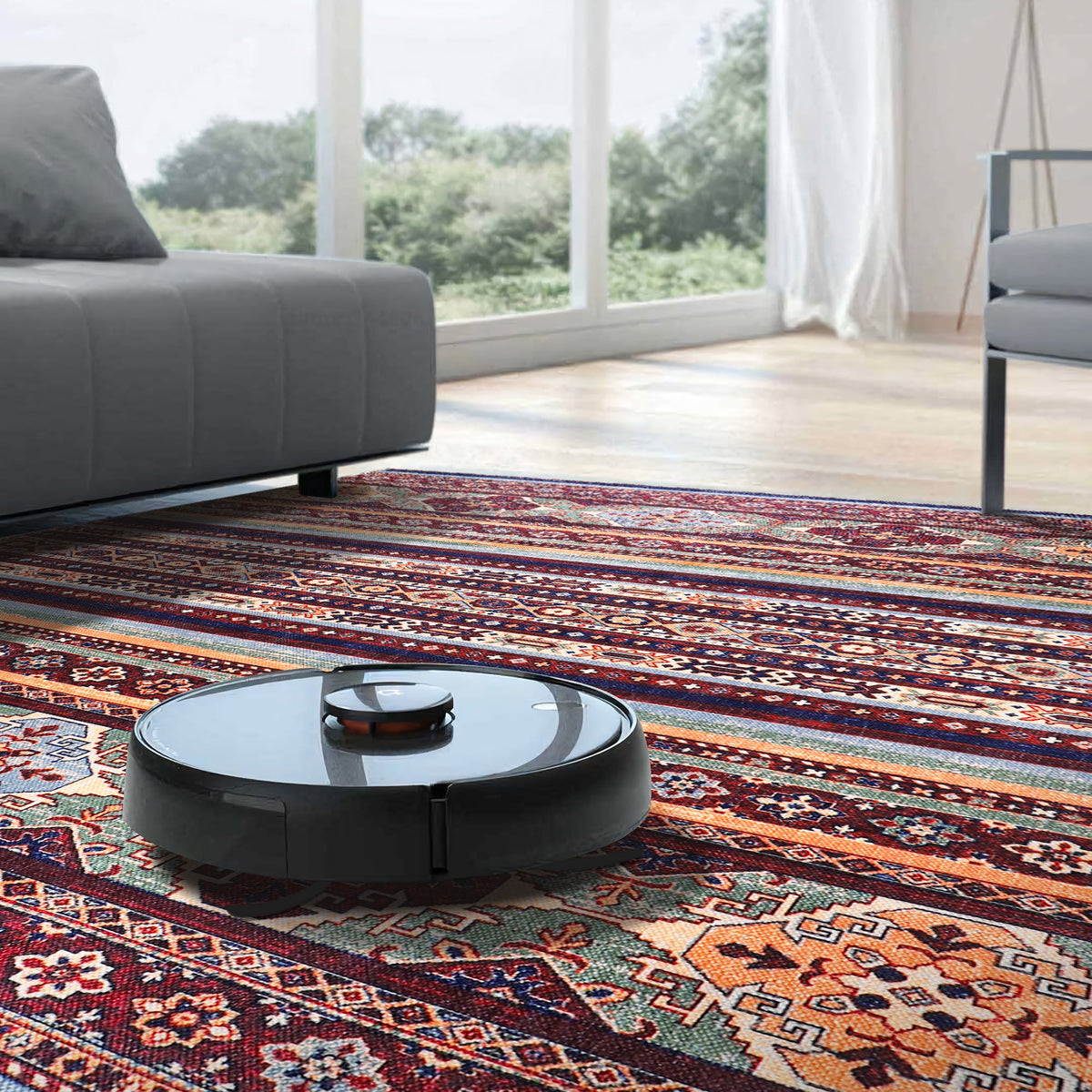 Colorful washable tribal Kilim rug with geometric stripes by Netline Home, perfect for living room, bedroom, or dining area.