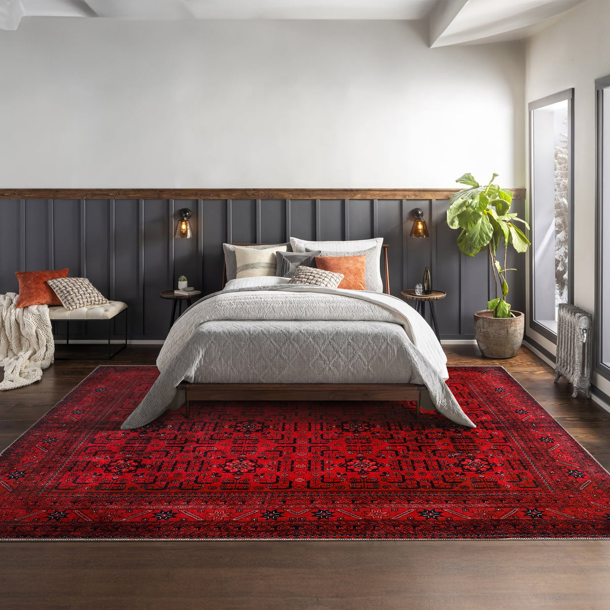 Red washable Afghan pattern area rug by Netline Home featuring traditional geometric design for living room, bedroom, or office.