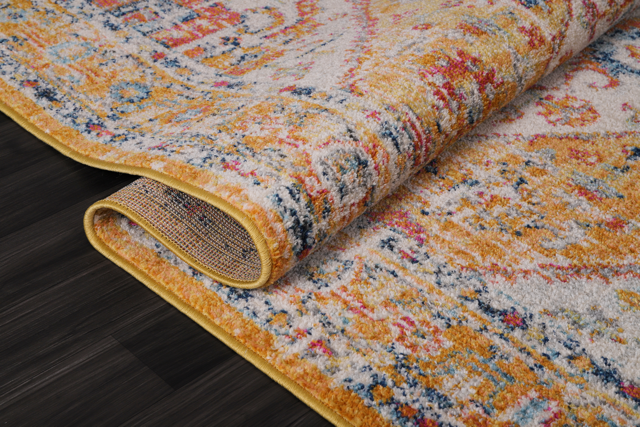 Vintage Netline Home bohemian area rug in mustard and rust with intricate patterns, perfect for adding warmth to any space.
