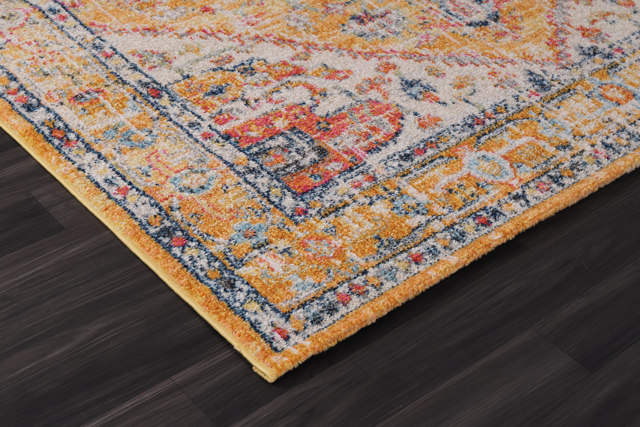 Vintage area rug by Netline Home featuring mustard and rust bohemian patterns and intricate design details.