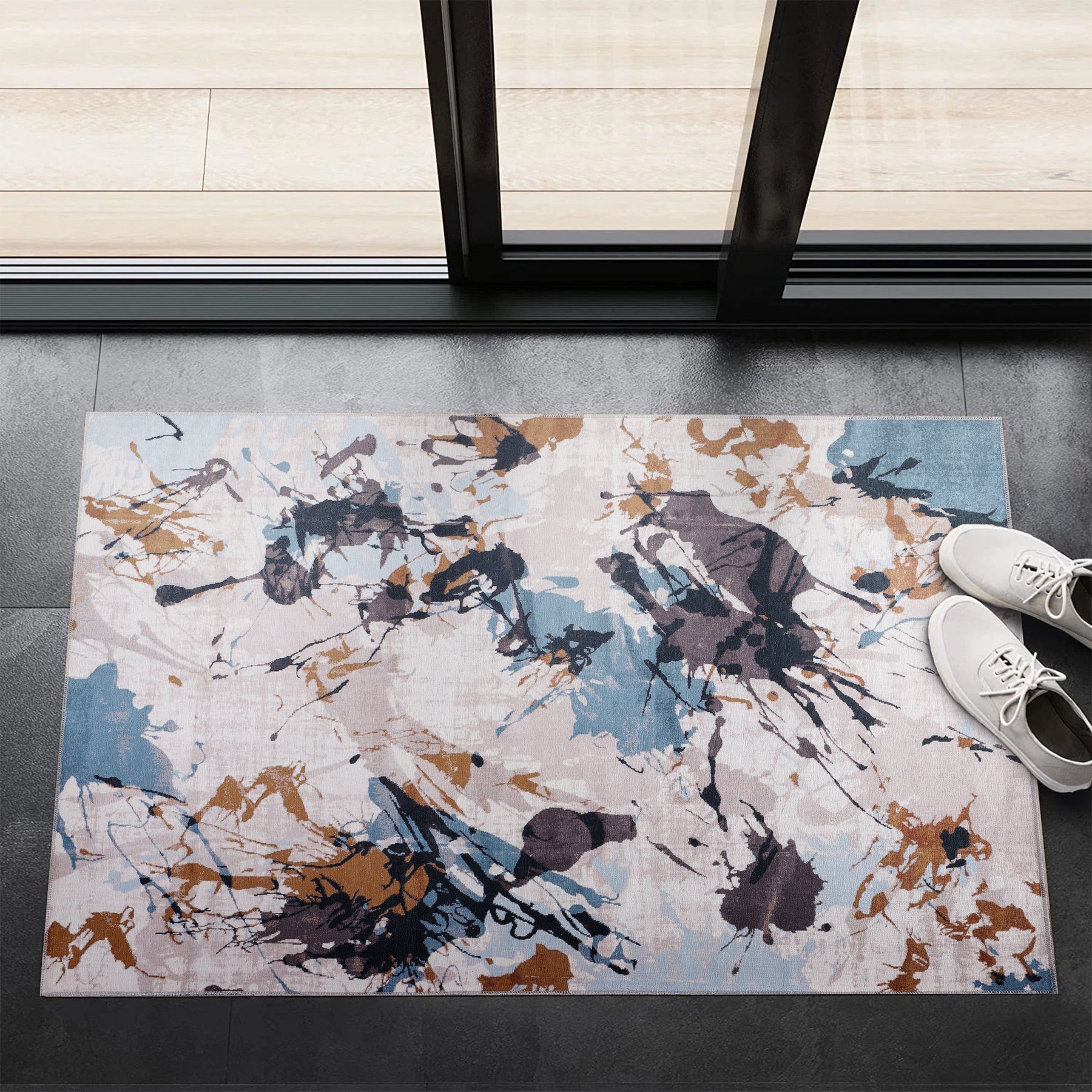 Colorful bohemian abstract splash washable rug by Netline Home, featuring vibrant design and soft fabric texture.