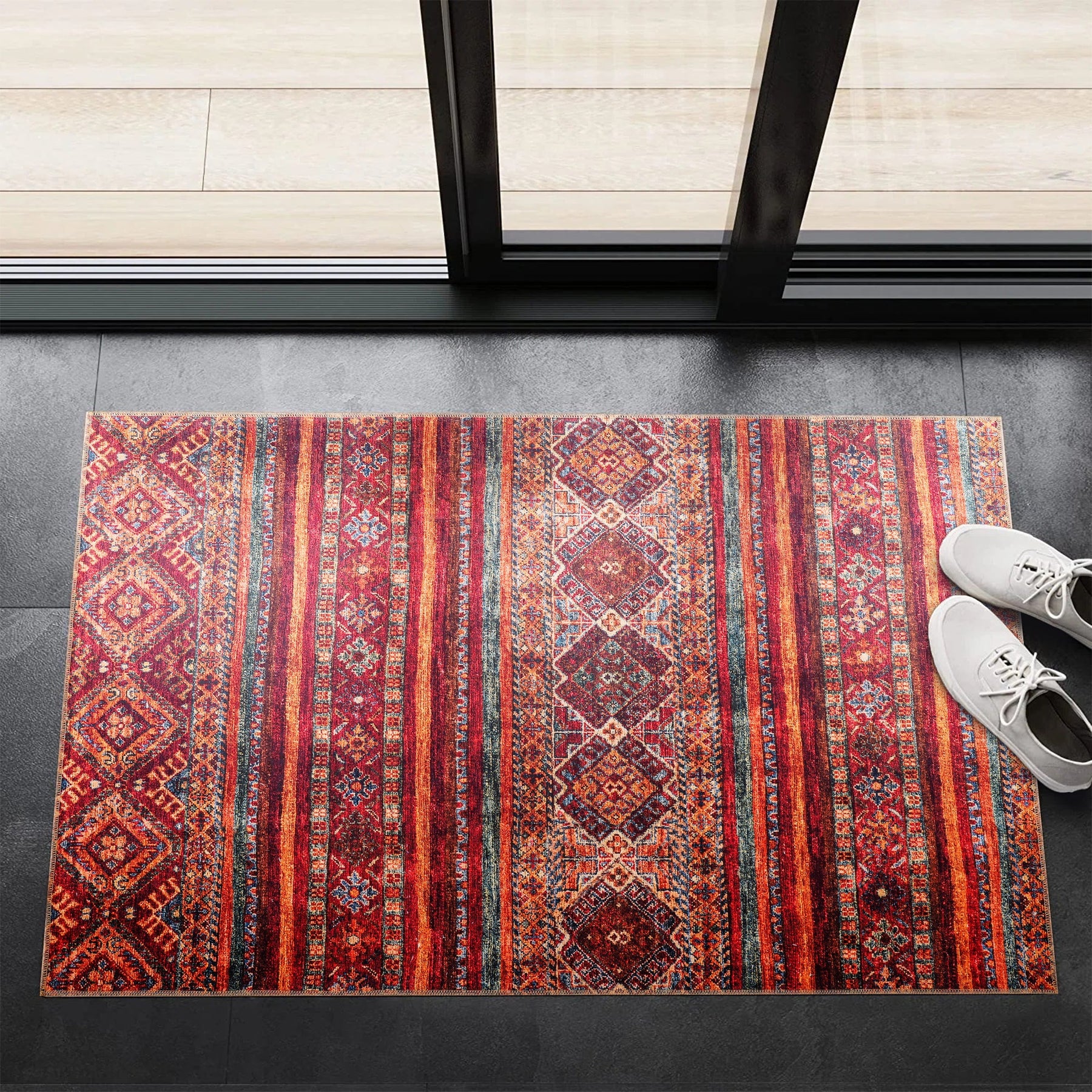 Colorful tribal diamond washable rug by Netline Home with multicolor striped pattern, ideal for living room, bedroom, or dining area.