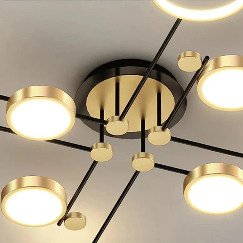 Gold LED chemistry flush mount chandelier by Light My House, 130cm low ceiling light with sleek modern design.