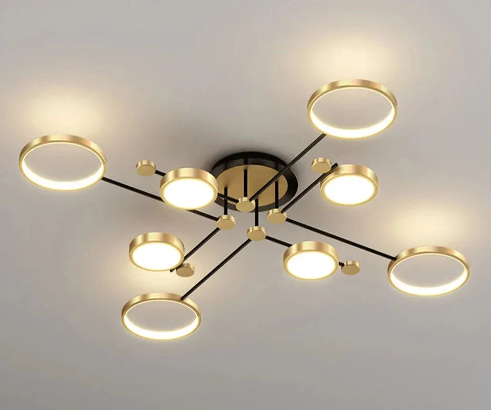 Gold LED Chemistry Flush Mount Chandelier by Light My House, 130cm low ceiling light with modern design and sleek finish.