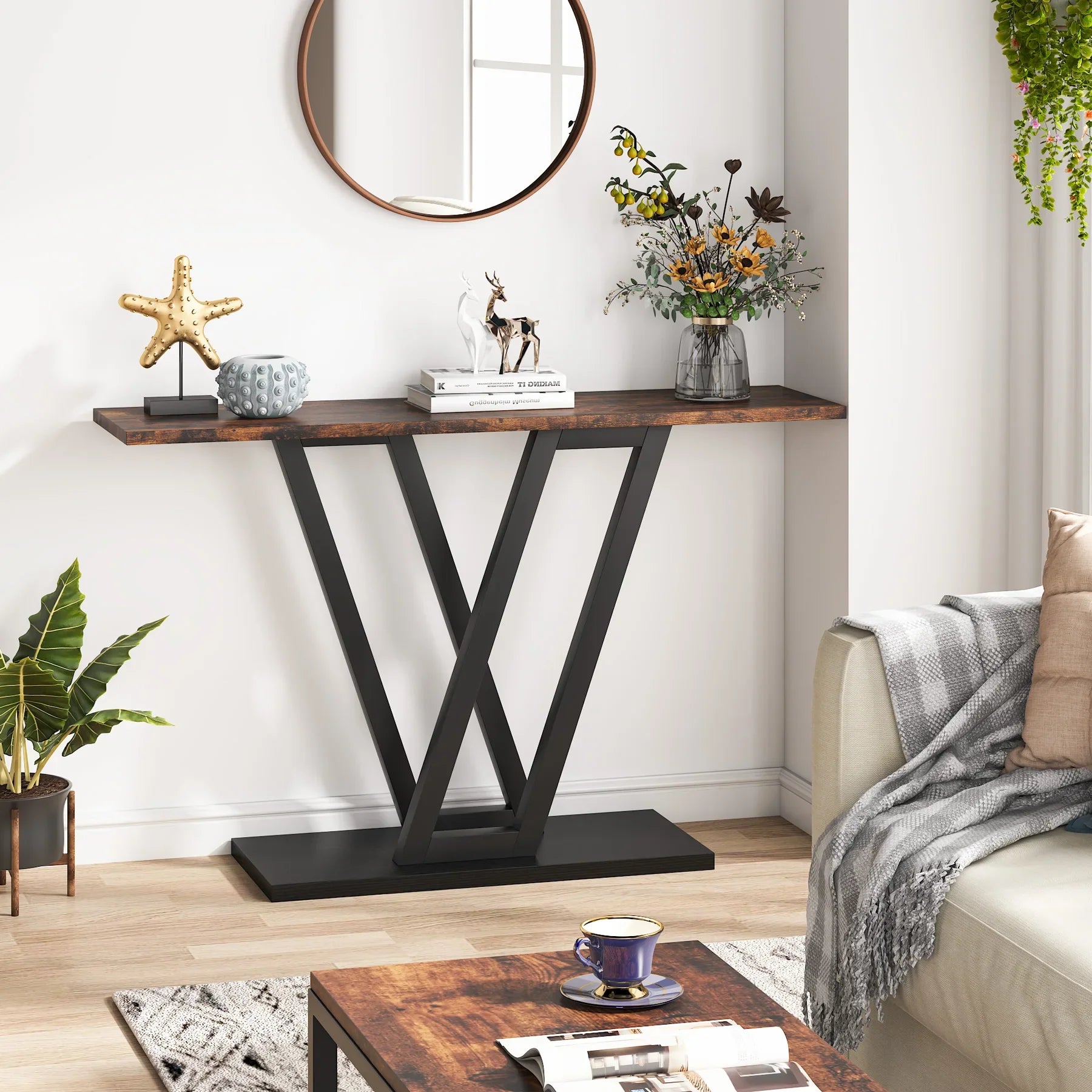 Klassyx industrial console table with metal frame and wooden top, ideal for entryway or living room decor.