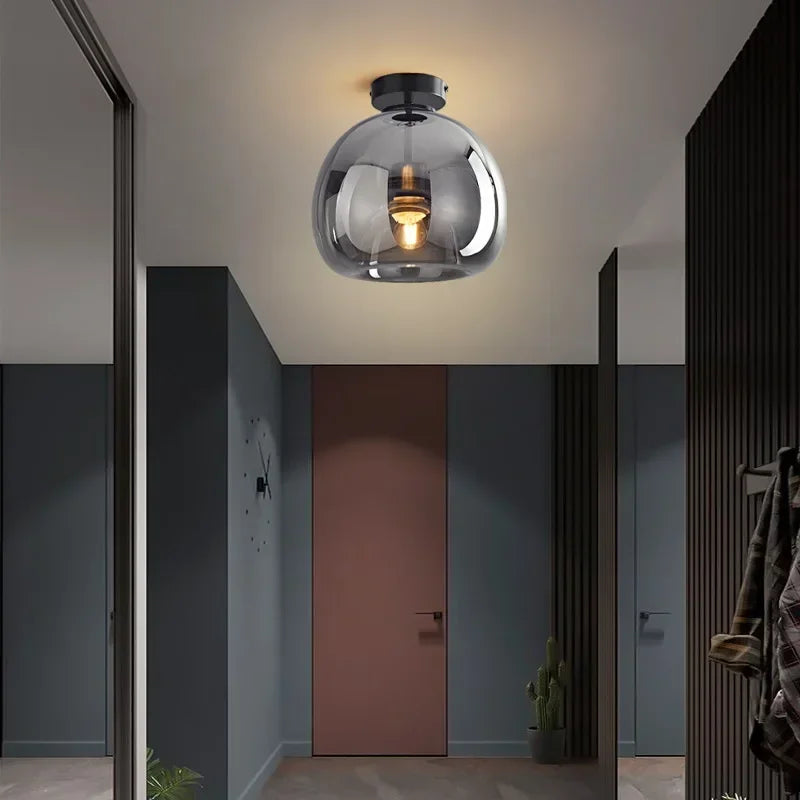 Black and gold dome semi-flush glass ceiling light with E27 socket for bedroom or bathroom lighting by Light My House