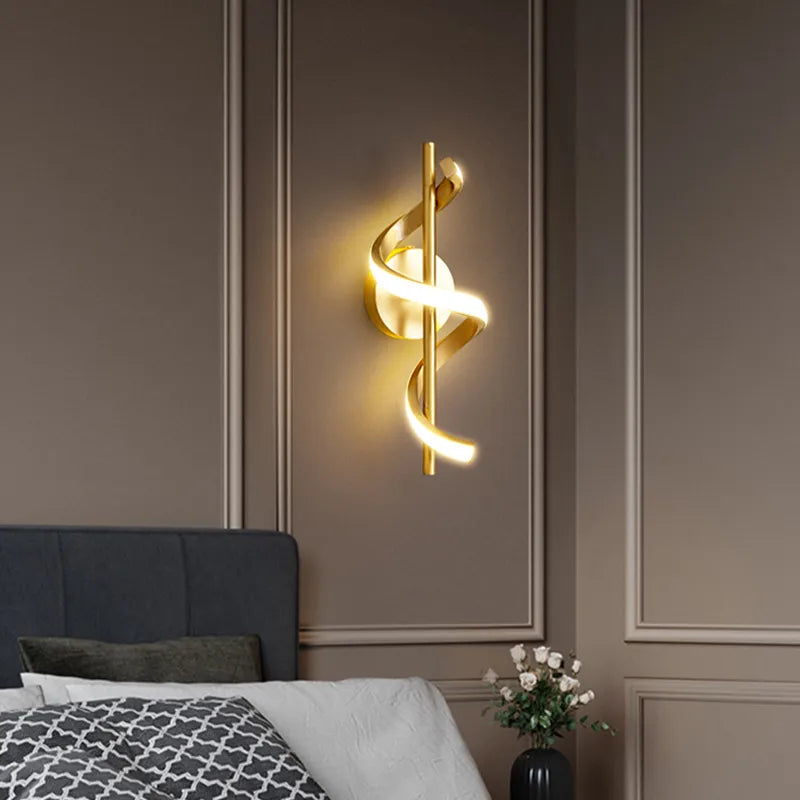 Twisted LED wall light in black and gold finish, modern design for living room decor by Light My House.