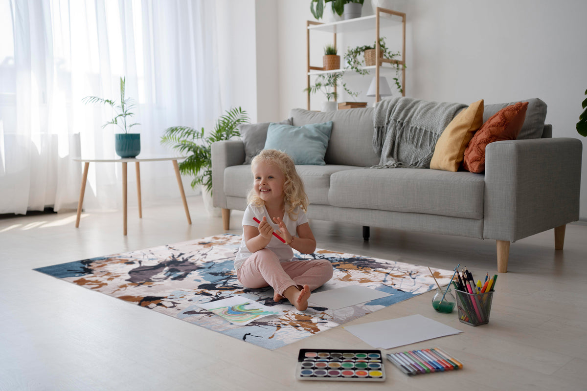 Bohemian abstract splash washable rug by Netline Home featuring vibrant, colorful design suitable for kids' rooms and easy cleaning.