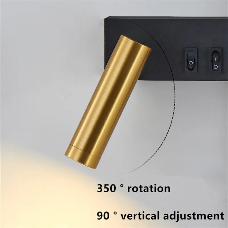 Bold gold and black LED wall lamp by Light My House with dual switch, ideal for bedside reading and ambient lighting.