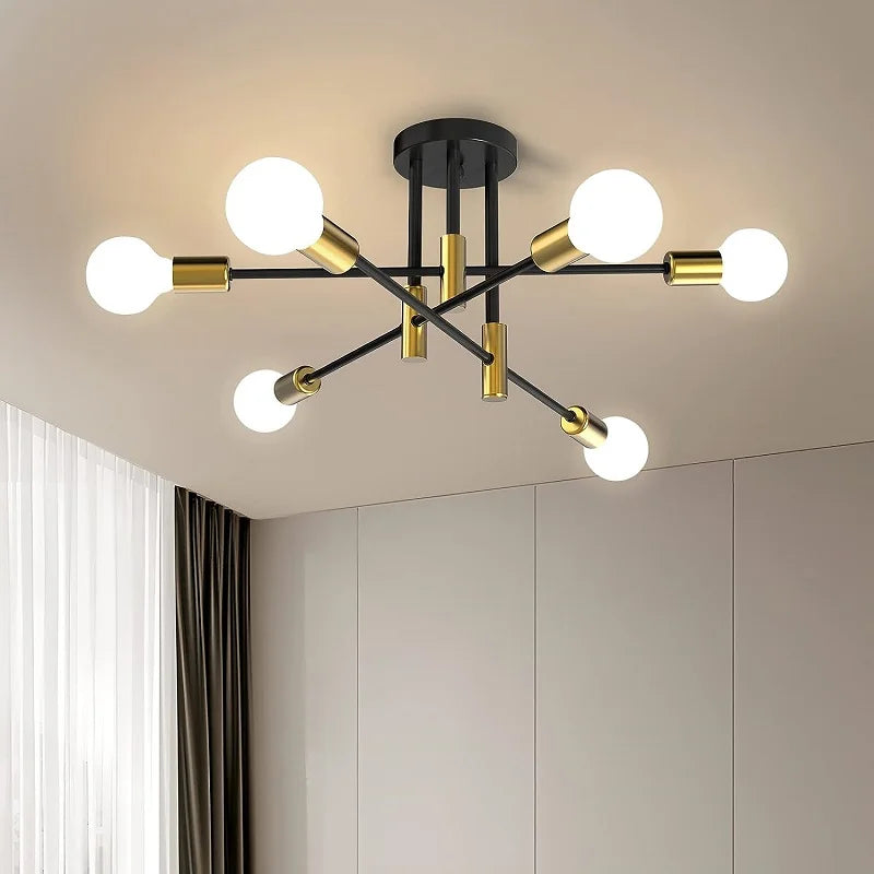 Modern black criss cross ceiling light with six E27 bulbs in semi-flush mount style, ideal for contemporary home lighting.