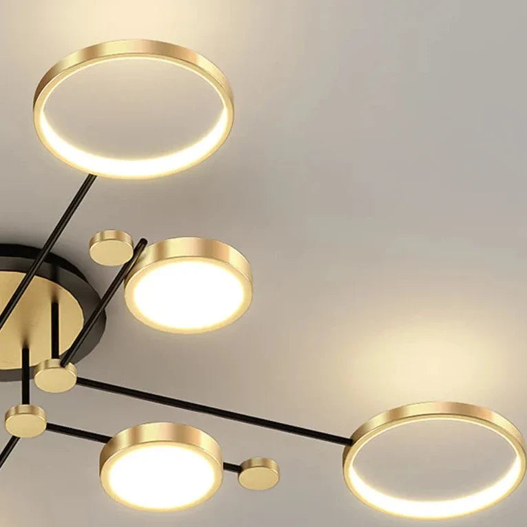 Gold LED Chemistry Flush Mount Chandelier by Light My House, 130cm low ceiling light fixture with modern design.