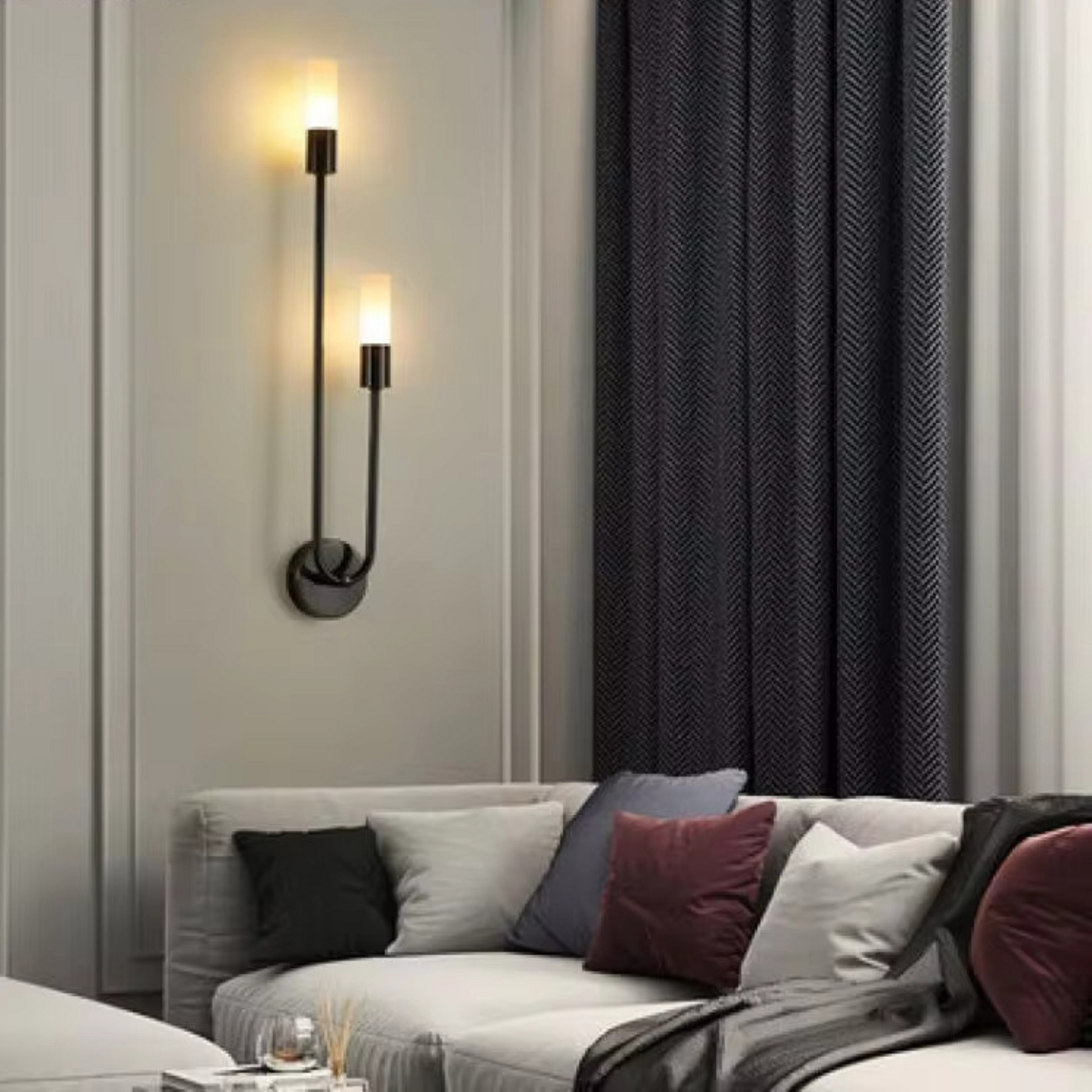 Modern metal Spire Sleek 12W LED wall light with warm white glow and G9 bulb for contemporary interior lighting design.