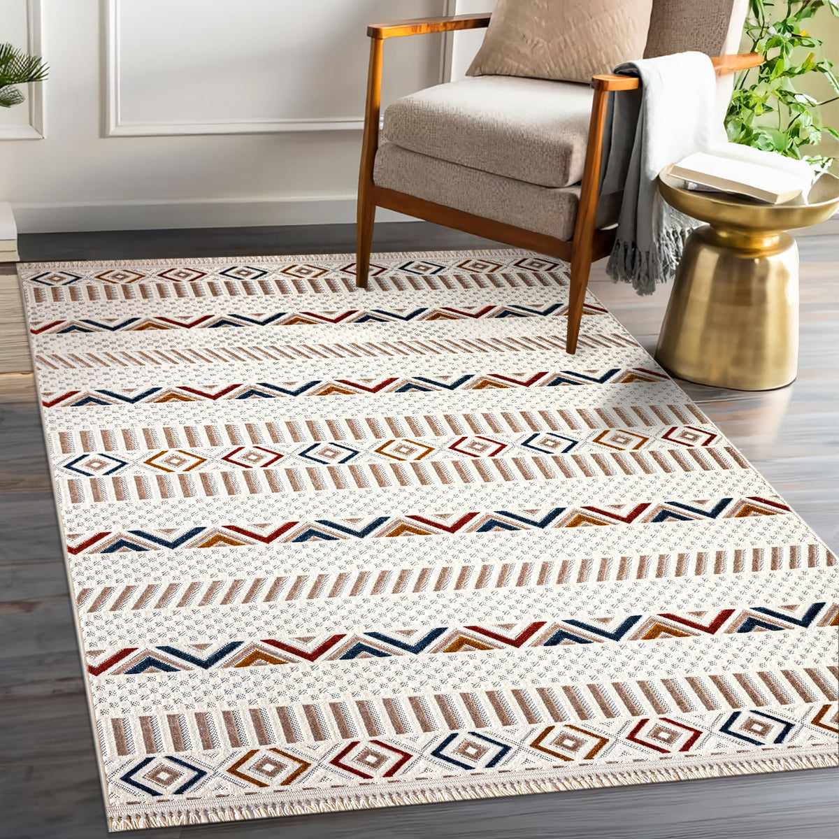 Netline Home bohemian low pile area rug featuring colorful Aztec and Boho patterns, soft, durable, and pet-friendly for living rooms and hallways.