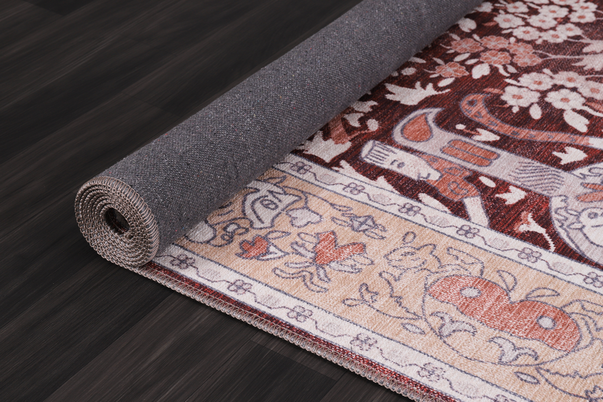 Blue abstract washable rug by Netline Home featuring traditional design, non-slip backing, ideal for living rooms.