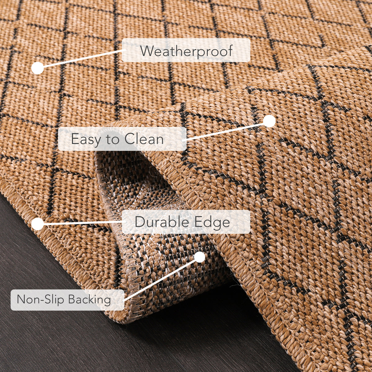 Close-up of Netline Home Diamond Weave Jute-Effect Washable Rug with black geometric pattern, weatherproof, non-slip outdoor/indoor area rug