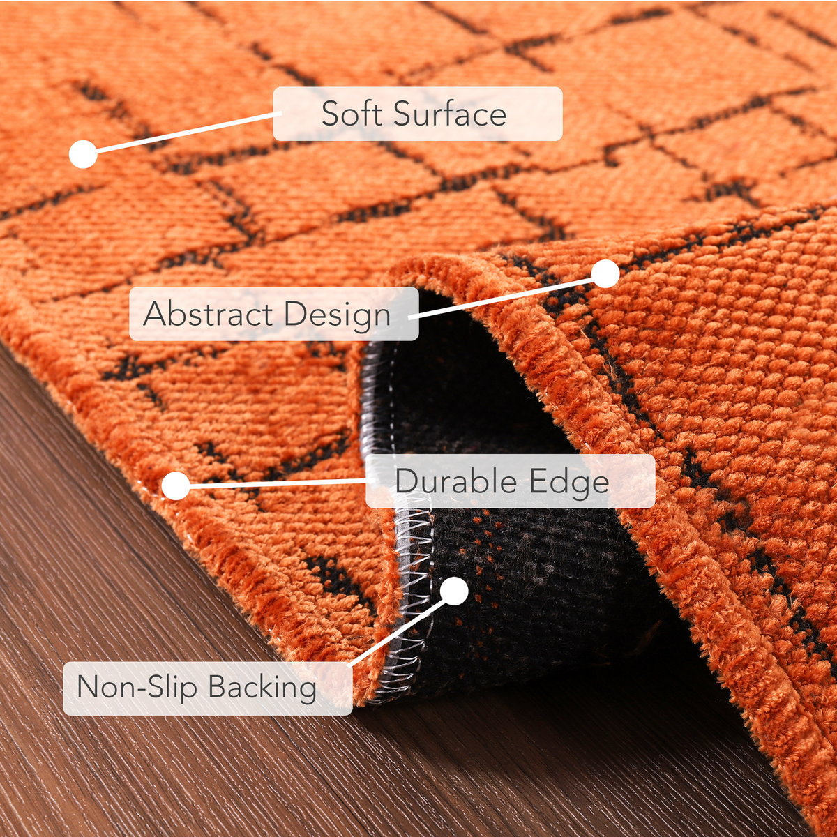 Close-up of Netline Home Machine Washable Rug NT201 in vibrant orange chenille, showcasing its soft, plush texture and detailed fibers.