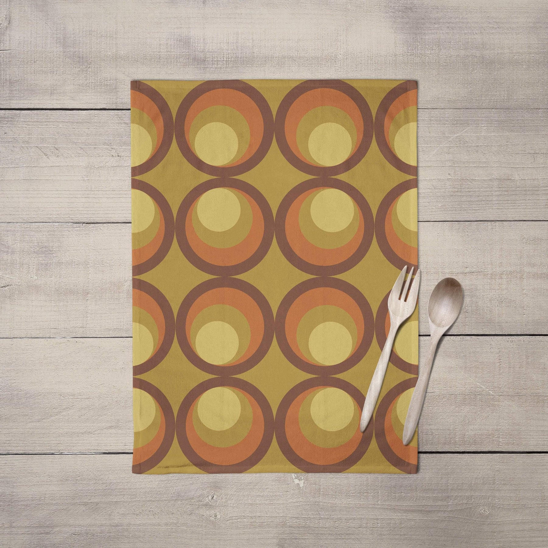 Mustard Yellow Tea Towel with Orange and Brown Retro Design