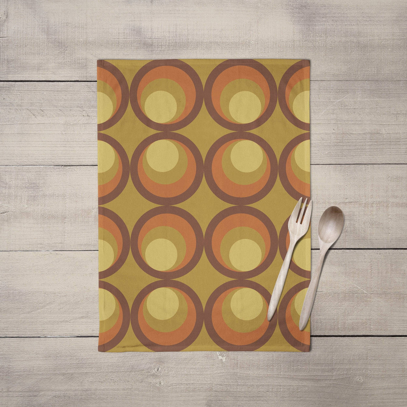 Mustard Yellow Tea Towel with Orange and Brown Retro Design