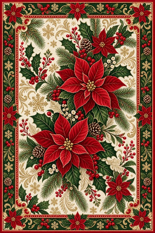 Poinsettia and Holly Christmas rug design