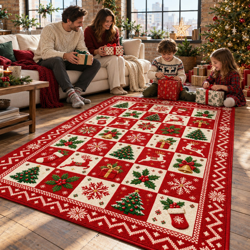 Patchwork Christmas Icons rug RW8025 in a festive living room