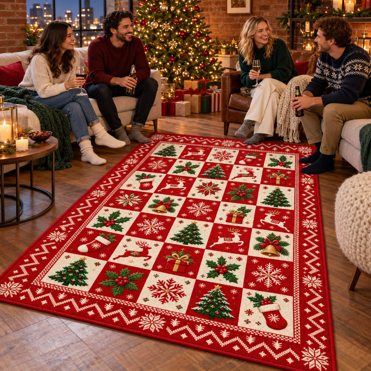 Patchwork Christmas Icons Washable Rug RW8025 styled in a festive living room – view 2