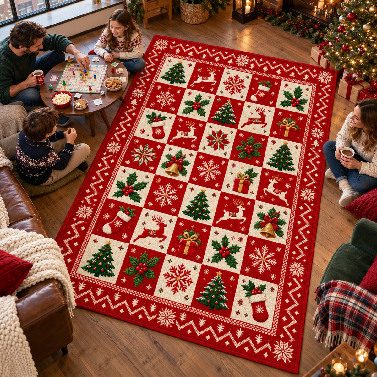 Patchwork Christmas Icons Washable Rug RW8025 styled in a festive living room – view 8