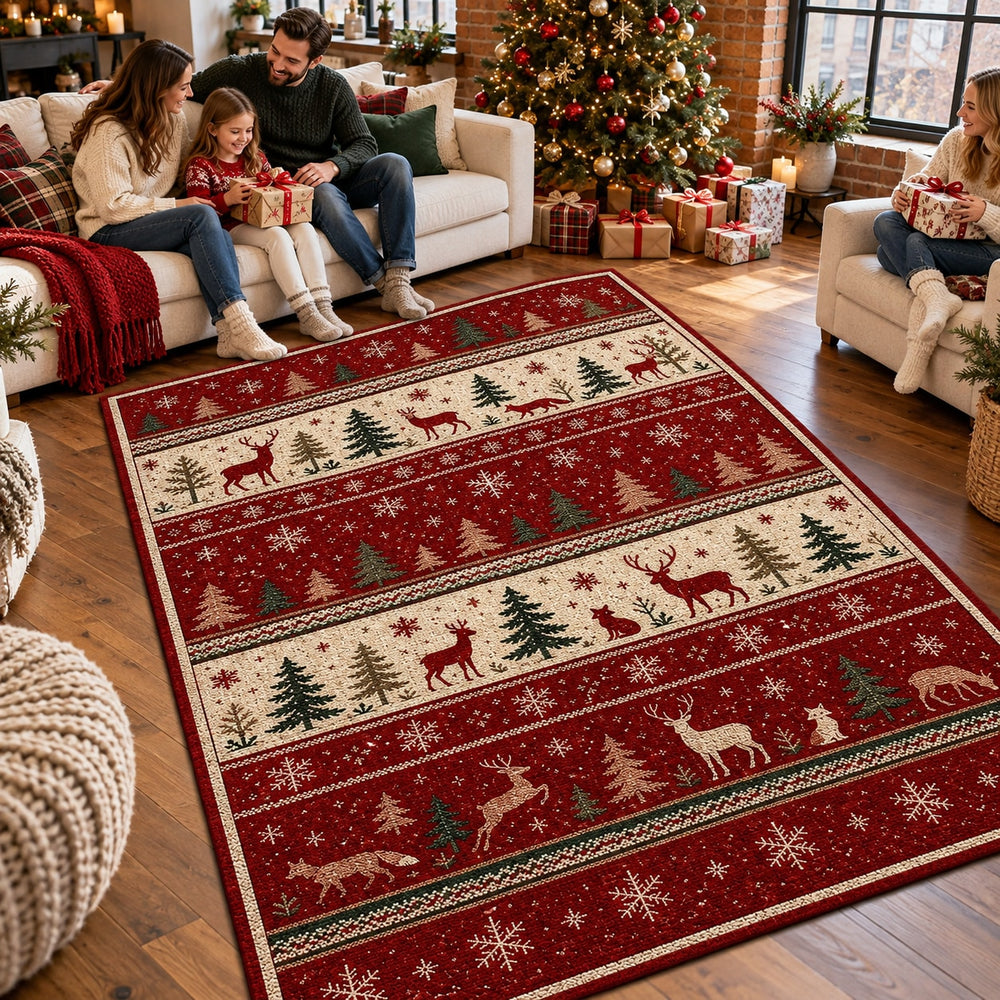 Nordic Forest Washable Christmas Rug RW8026 styled in a festive living room – view 1