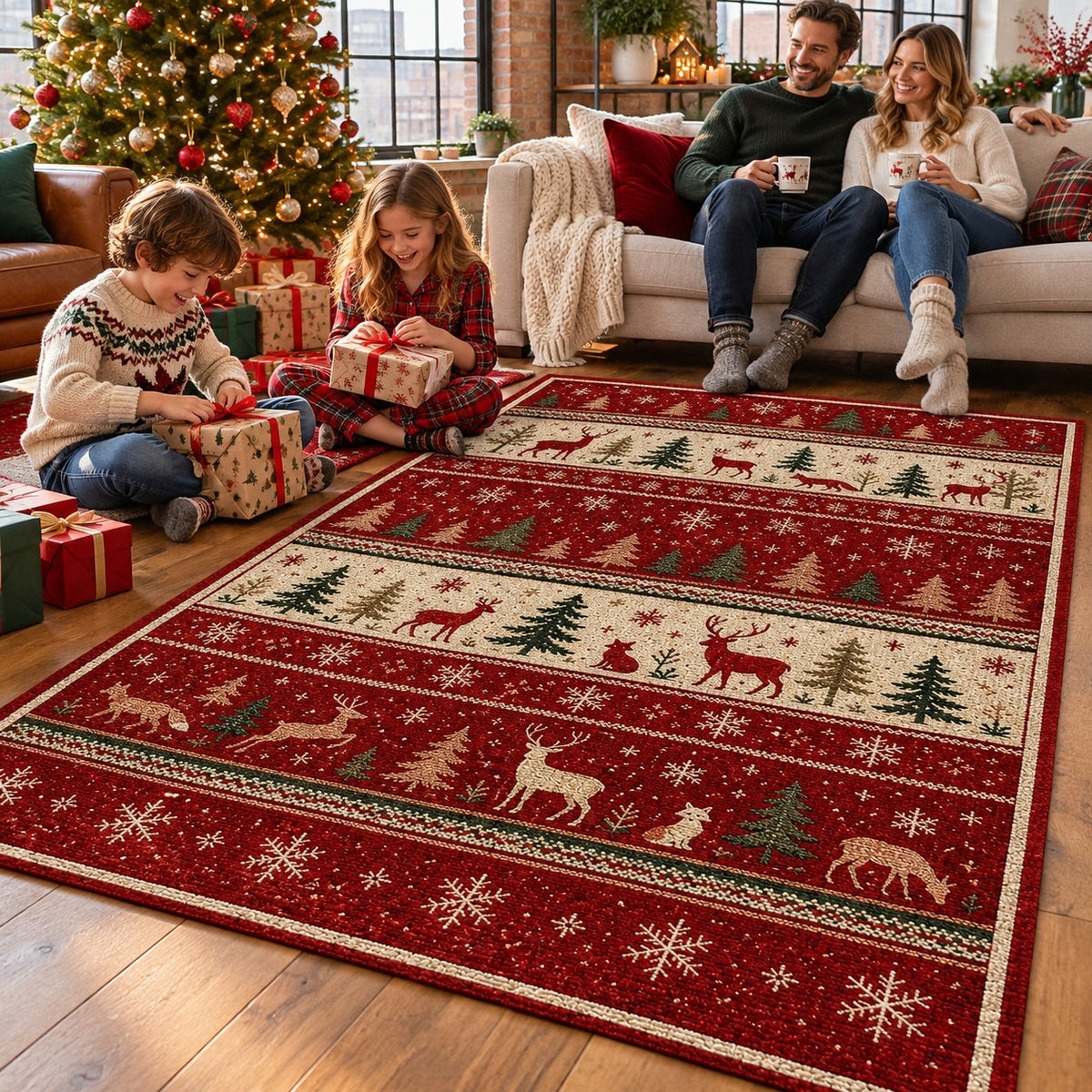 Nordic Forest Washable Christmas Rug RW8026 styled in a festive living room – view 8