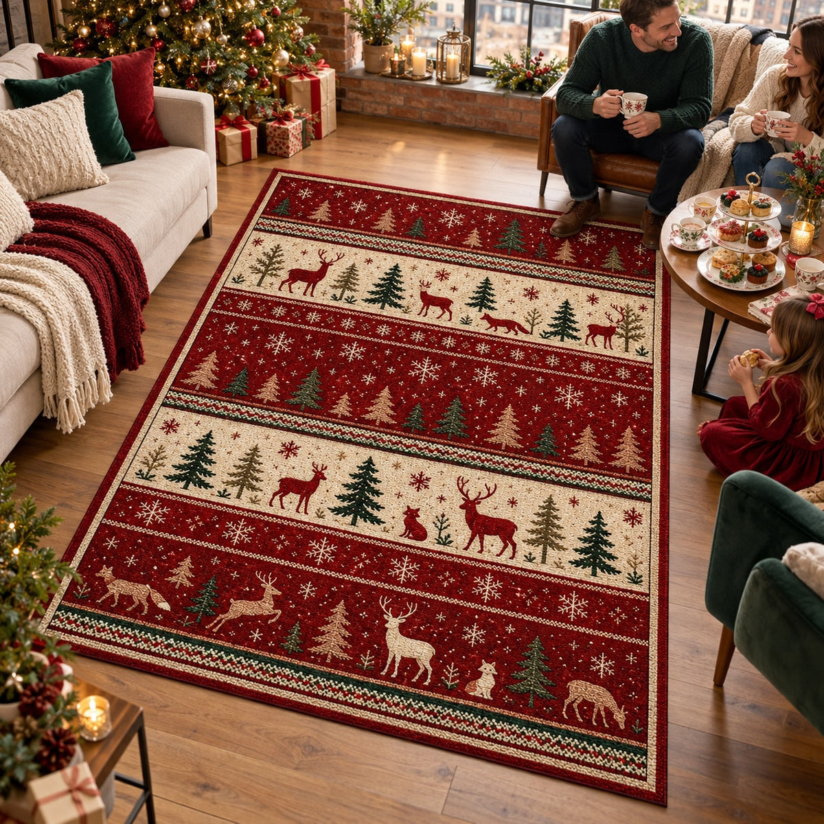 Nordic Forest Washable Christmas Rug RW8026 styled in a festive living room – view 9