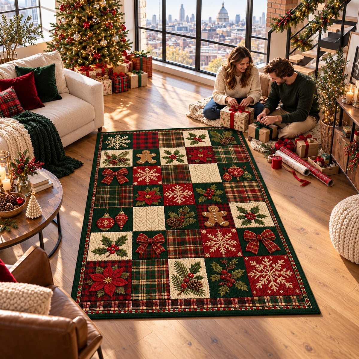 Lodge Plaid Patchwork Washable Christmas Rug RW8027 styled in a festive living room – view 5