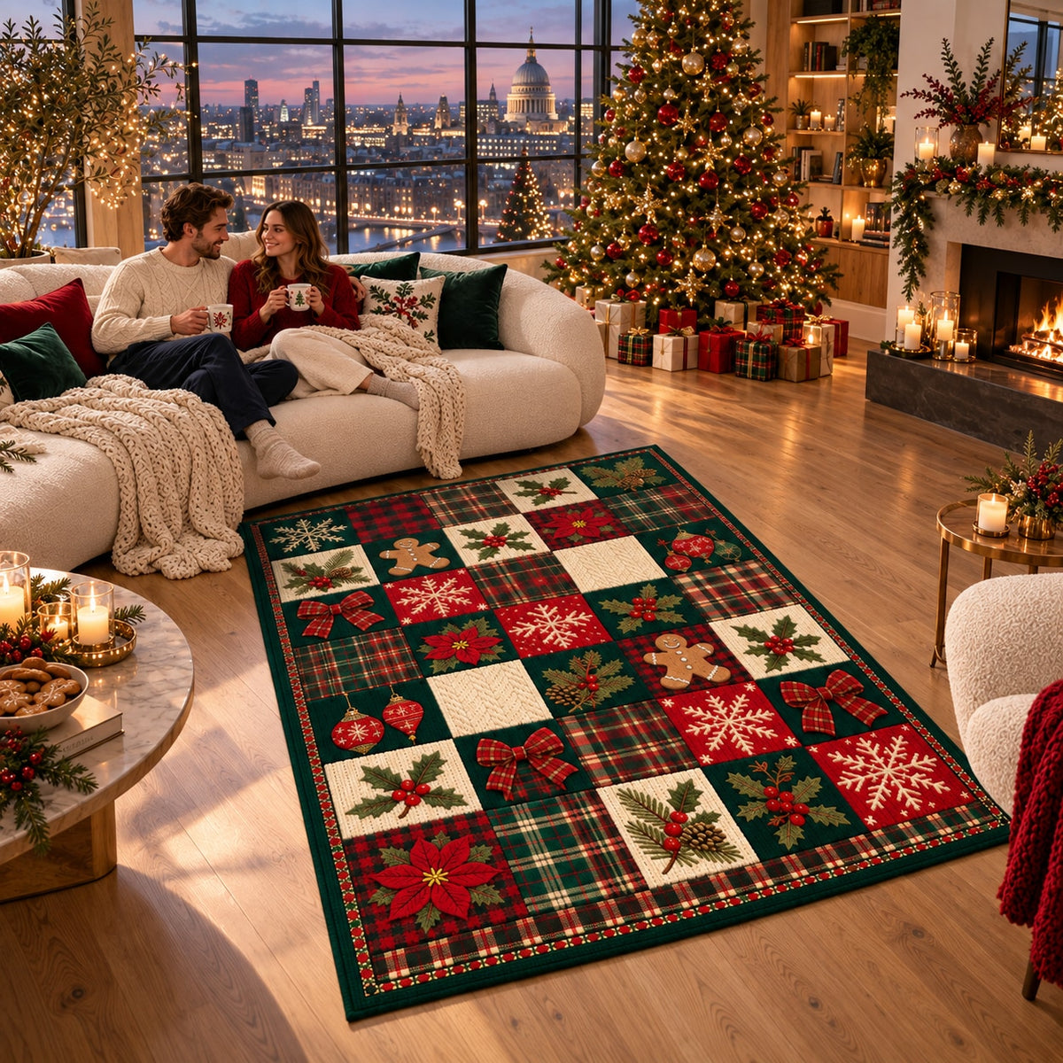 Lodge Plaid Patchwork Washable Christmas Rug RW8027 styled in a festive living room – view 9