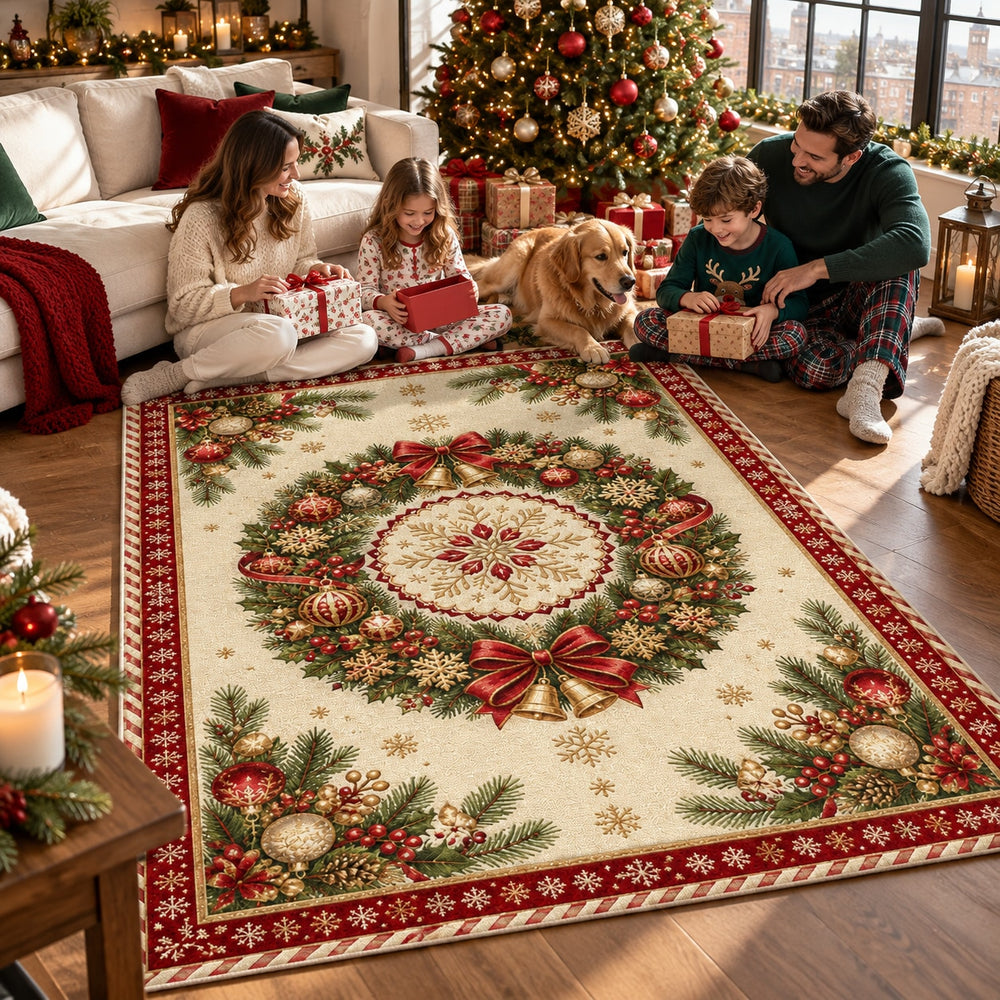 Christmas Wreath Medallion Washable Rug RW8028 styled in a festive living room – view 1