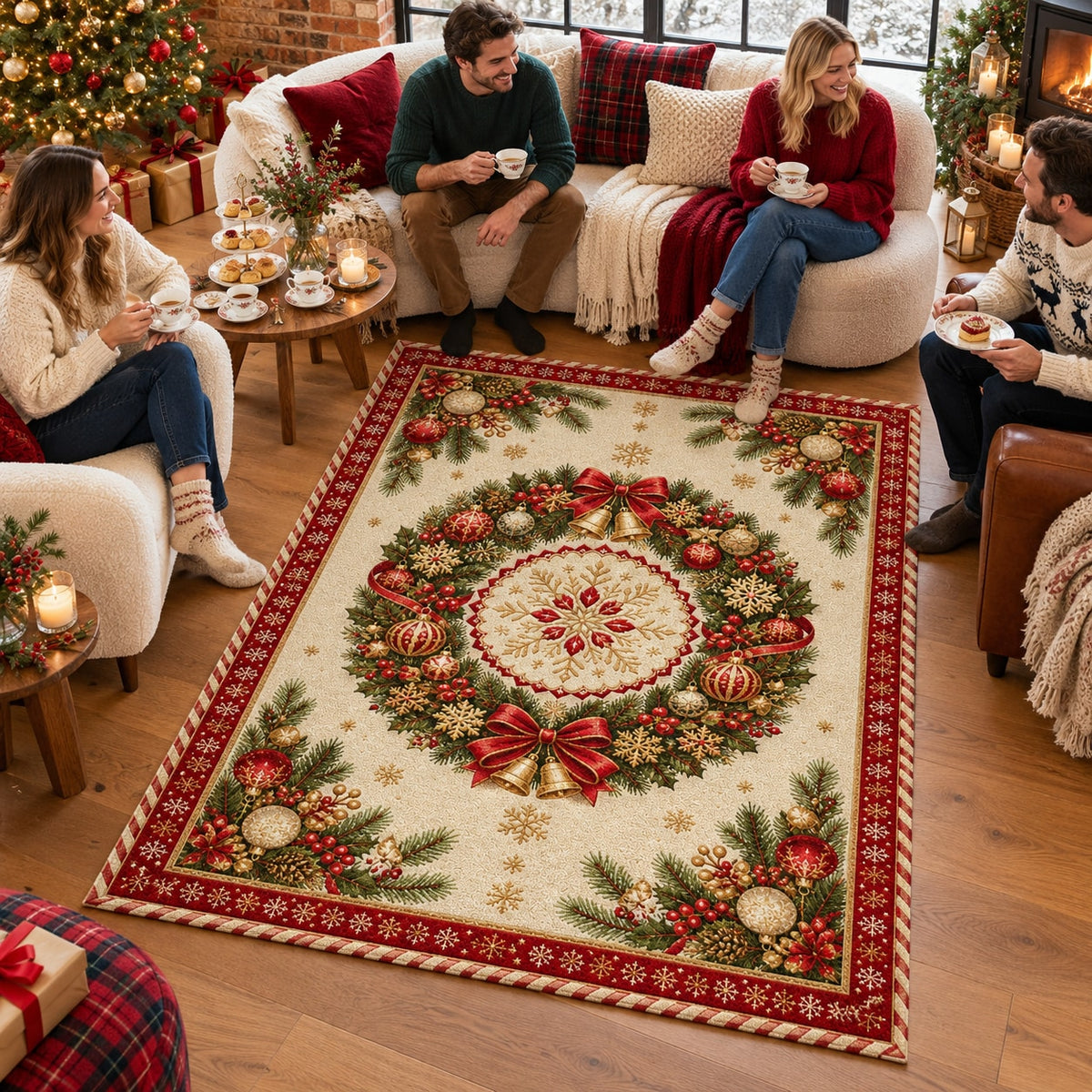 Christmas Wreath Medallion Washable Rug RW8028 styled in a festive living room – view 2