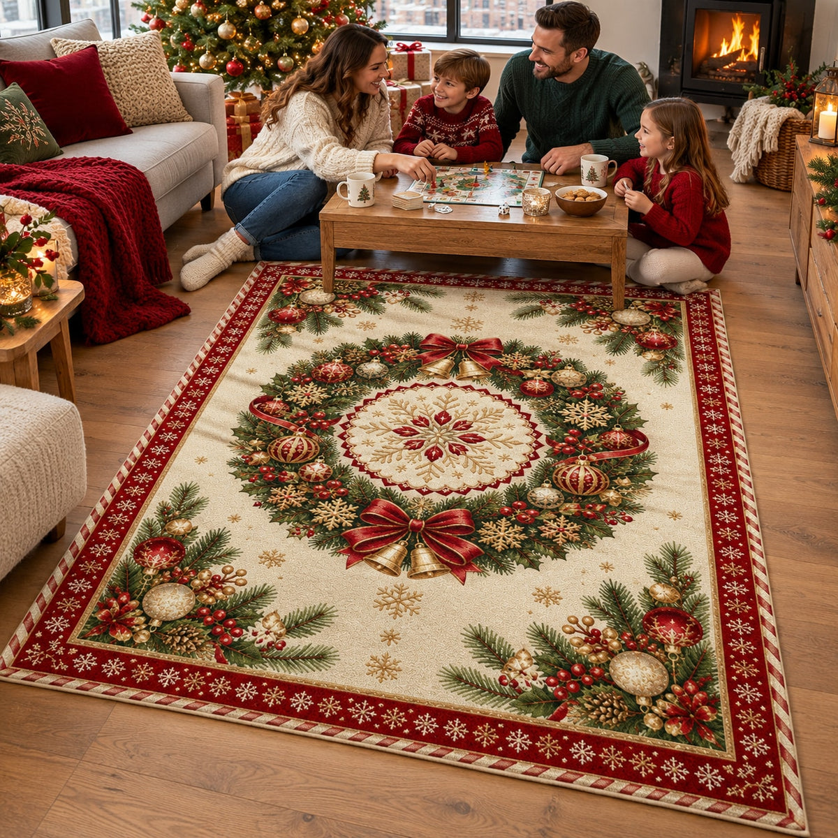 Christmas Wreath Medallion Washable Rug RW8028 styled in a festive living room – view 6