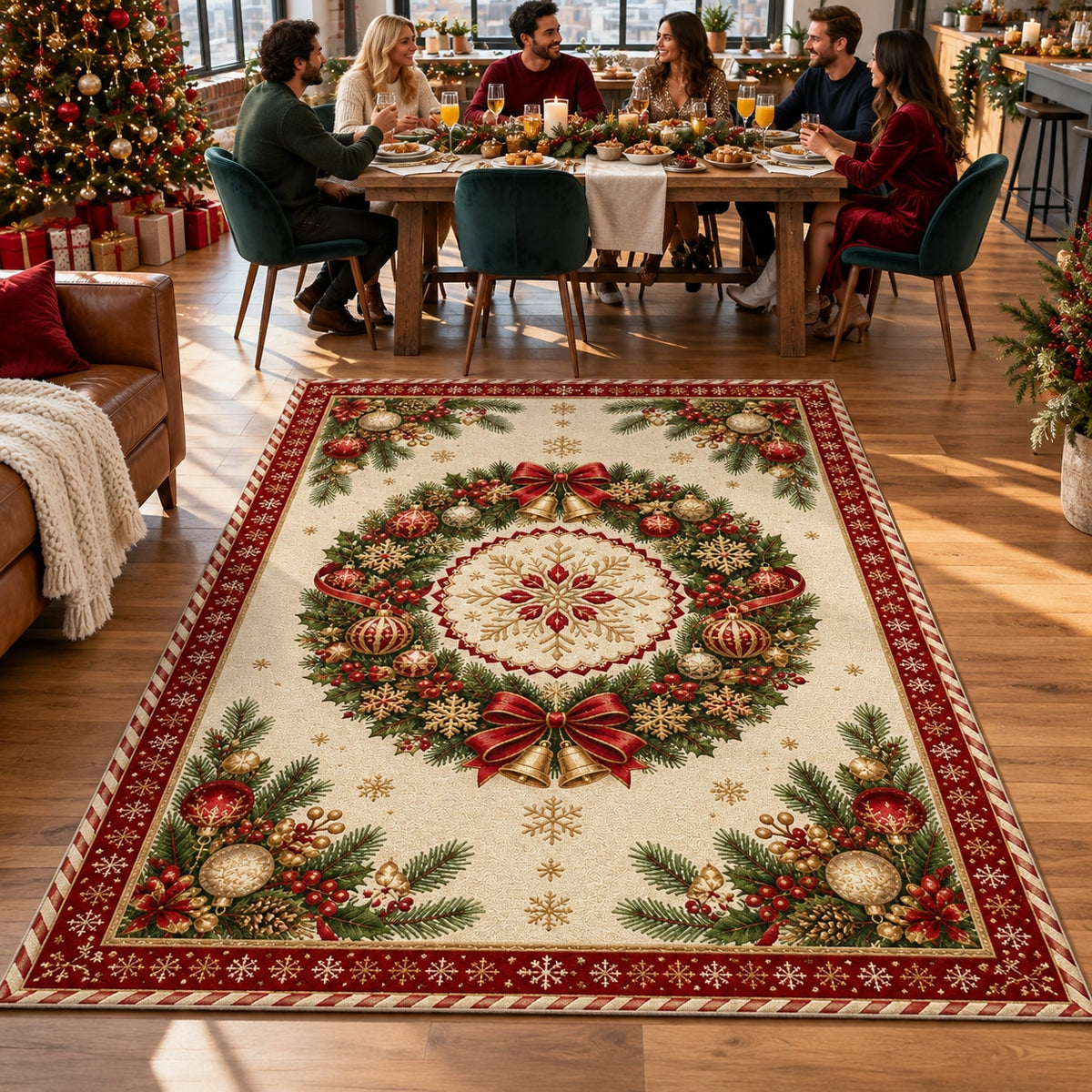 Christmas Wreath Medallion Washable Rug RW8028 styled in a festive living room – view 7
