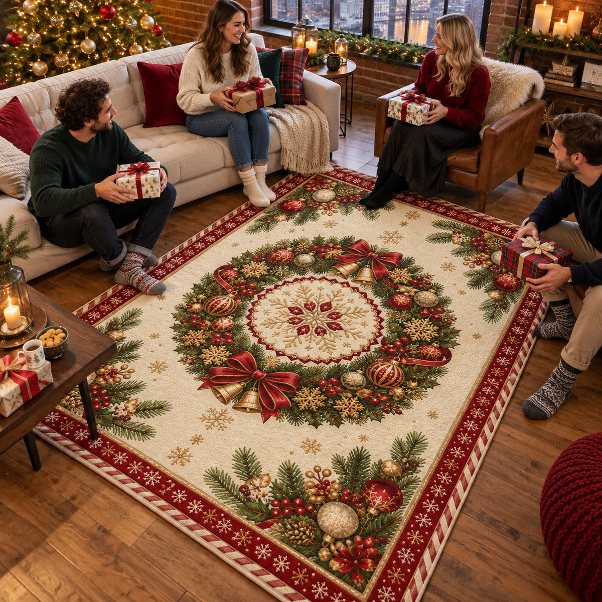 Christmas Wreath Medallion Washable Rug RW8028 styled in a festive living room – view 9