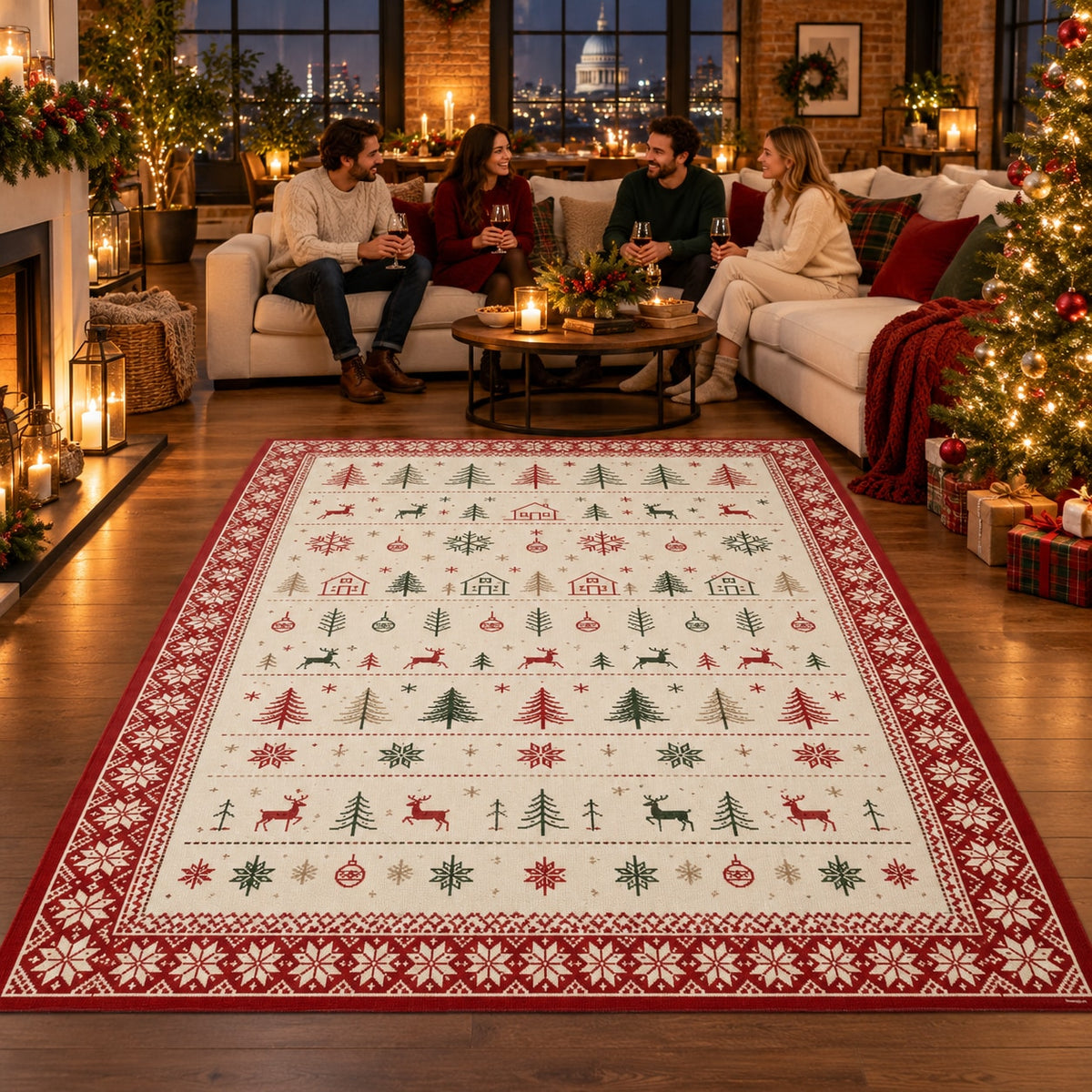 Scandi Christmas Rows Washable Rug RW8029 styled in a festive living room – view 2