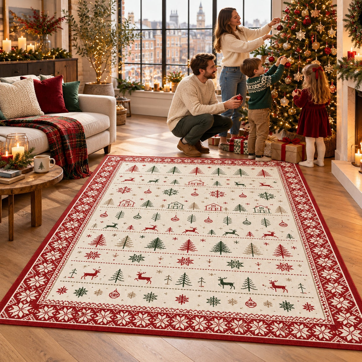 Scandi Christmas Rows Washable Rug RW8029 styled in a festive living room – view 3