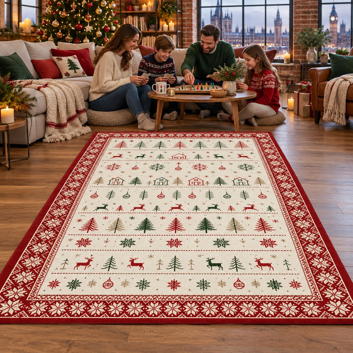 Scandi Christmas Rows Washable Rug RW8029 styled in a festive living room – view 6