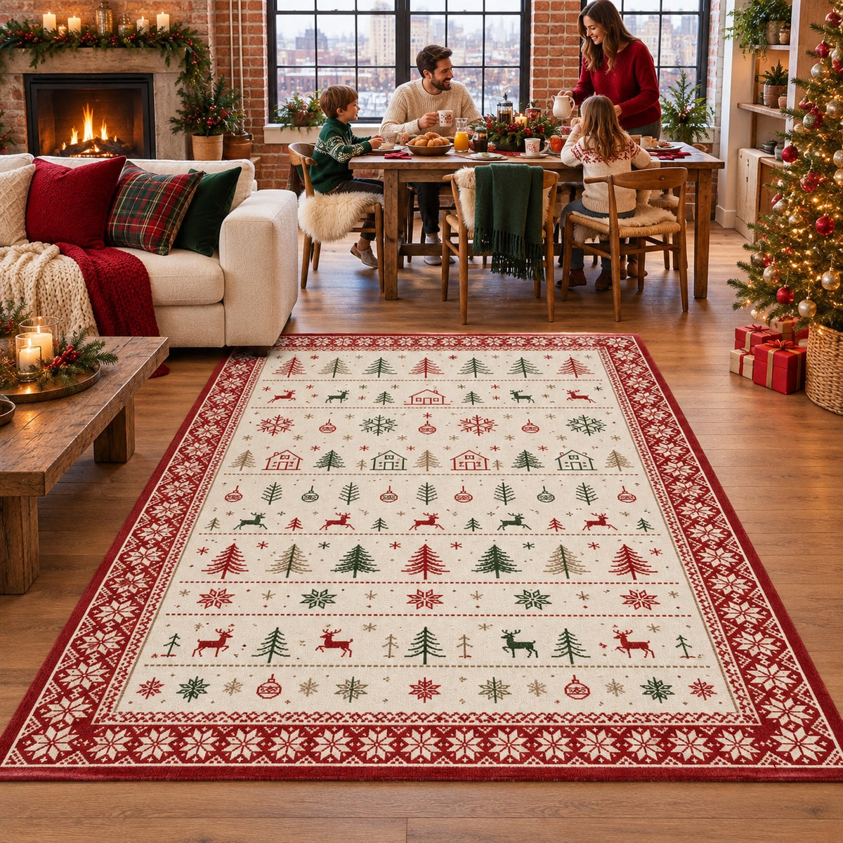 Scandi Christmas Rows Washable Rug RW8029 styled in a festive living room – view 7