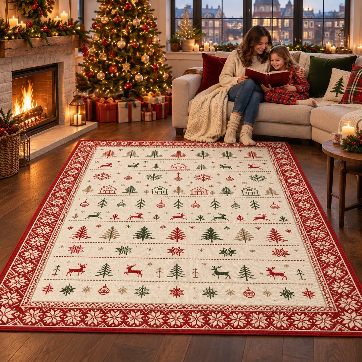 Scandi Christmas Rows Washable Rug RW8029 styled in a festive living room – view 8