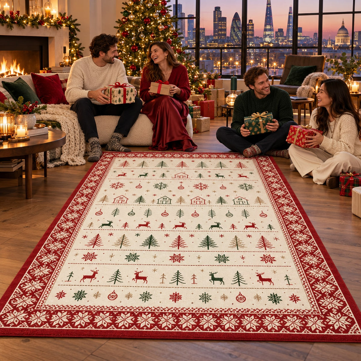 Scandi Christmas Rows Washable Rug RW8029 styled in a festive living room – view 9