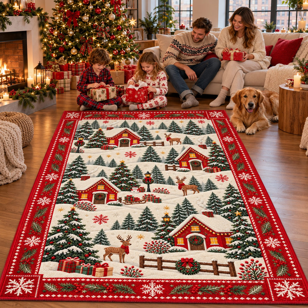 Snowy Village Washable Christmas Rug RW8030 styled in a festive living room – view 1