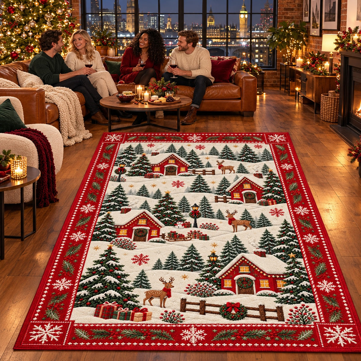 Snowy Village Washable Christmas Rug RW8030 styled in a festive living room – view 2