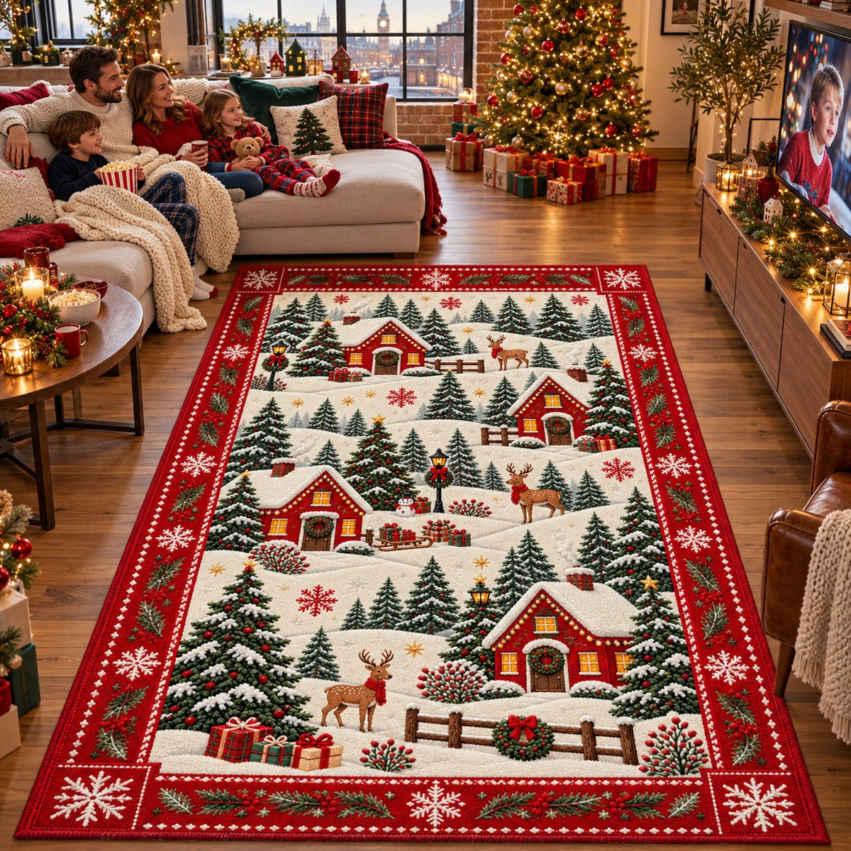 Snowy Village Washable Christmas Rug RW8030 styled in a festive living room – view 8