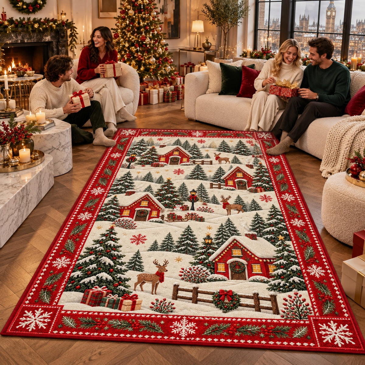 Snowy Village Washable Christmas Rug RW8030 styled in a festive living room – view 9