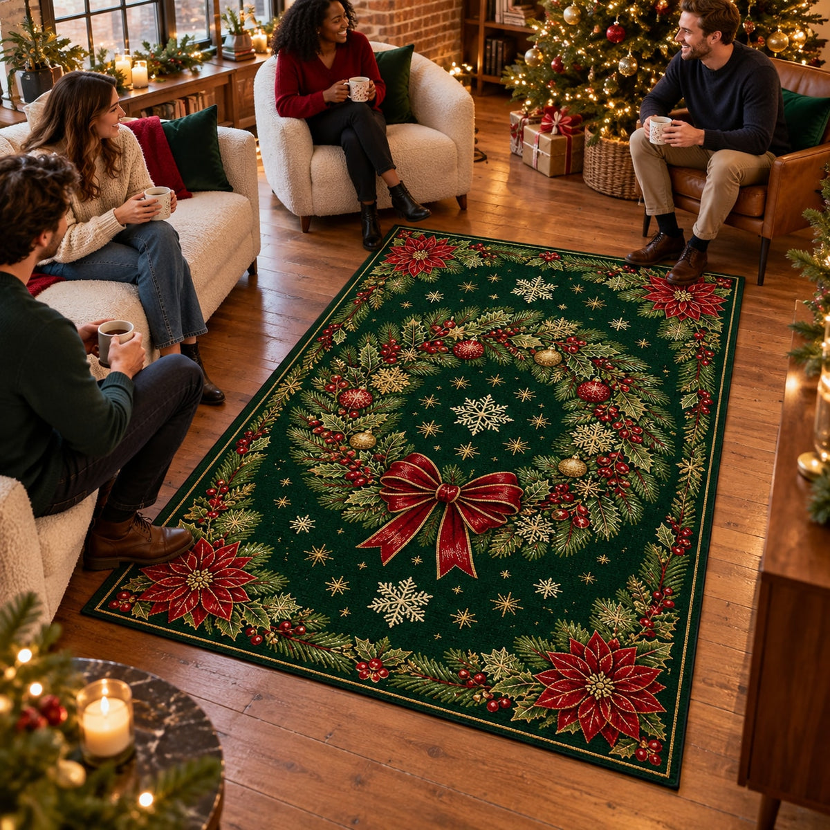 Green Wreath Washable Christmas Rug RW8031 styled in a festive living room – view 2