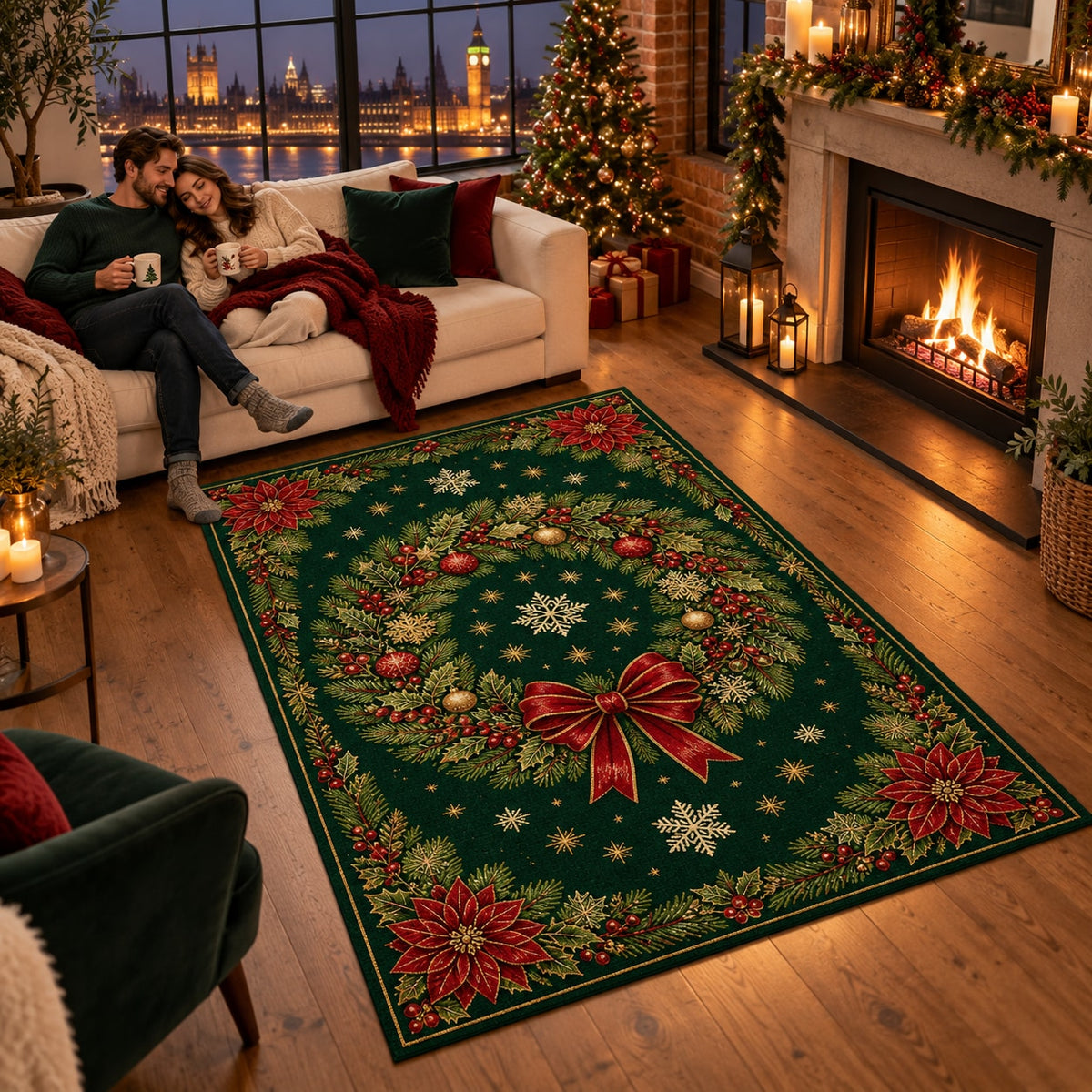 Green Wreath Washable Christmas Rug RW8031 styled in a festive living room – view 4